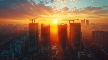 photo of a sunset on a construction site, a modern building in the city center, an aerial view, large concrete columns and steel beams under construction in the golden hour lighting