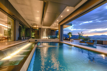 Luxurious home. Extravagant outdoor space with a spacious patio, infinity pool, lush landscaping, and stunning vistas.