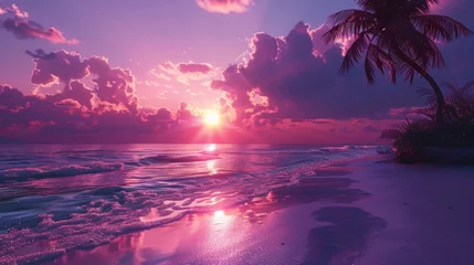 Papier Peint photo Violet sunset on the beach with vaporwave tone color, suitable for wallpaper, posters, etc. Generative AI