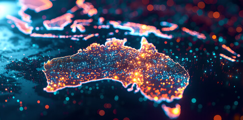 australia map and point illuminating in digital network light - obrazy, fototapety, plakaty