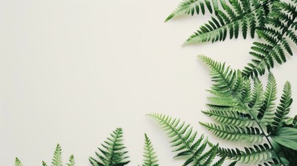 Fototapeta na wymiar Ferns and green leaves with a minimal design on white background offer a fresh botanical vibe