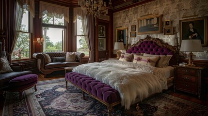 Elegant Victorian Bedroom Interior with Ornate Furniture - obrazy, fototapety, plakaty