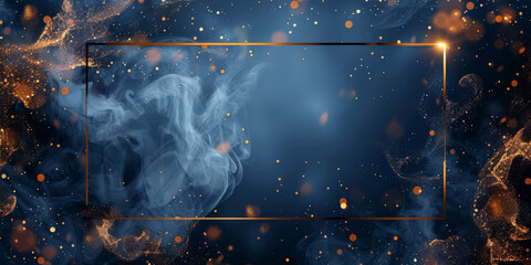 A dark blue background with golden decoration, empty rectangular frame on blue background  surrounded by swirling smoke and glittering particles.