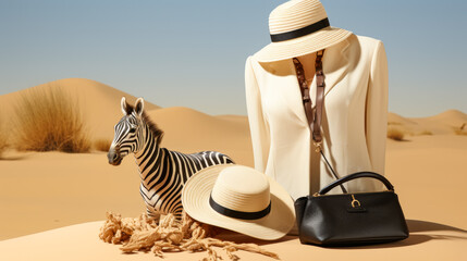 Visualize a chic zebra in a tailored blazer, accessorized with a striped scarf and a fedora hat