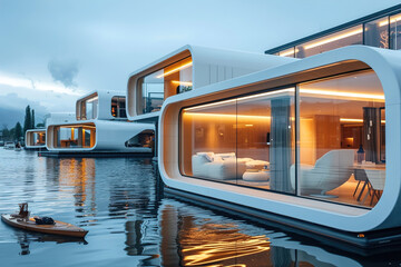 Fototapeta na wymiar Modern floating homes, designed to withstand floods, showcasing resilient living on water with stylish, flood-resistant architecture.