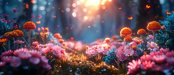 Vibrant forest scene with colorful mushrooms exotic birds and plants in psychedelic style. Concept Enchanted Forest, Psychedelic Theme, Vibrant Colors, Exotic Birds, Colorful Mushrooms