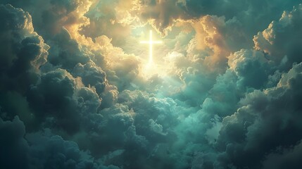 Radiant Cross in Clouds: A Vision of Jesus' Ascension to Heaven - obrazy, fototapety, plakaty