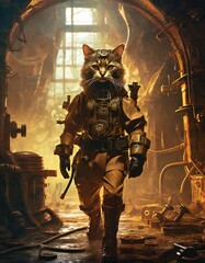 防護服を着込んだ長身の猫人の探検家が廃坑を進むシーン スチームパンク