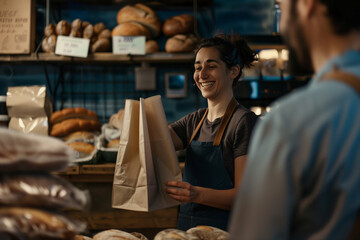 Fototapeta premium A cheerful female baker in an apron hands bread to the customer, who is holding paper bags for takeout or delivery of fresh loaves and pastries at her bakery.