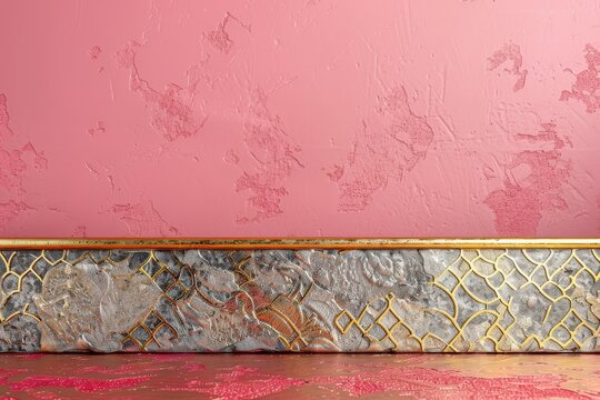 Richly designed gold and silver geometric border elegantly placed at the mixed of an image, on a pink backdrop.