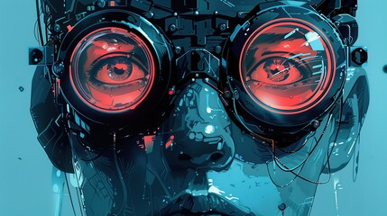 Close-up portrait of a mechanical semi-cyborg human head wearing glasses in digital art style. The metaverse and the digital man. - obrazy, fototapety, plakaty