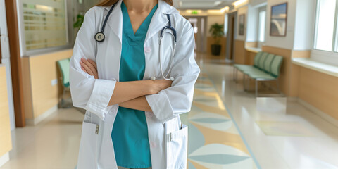 Mid section shot of medical doctor standing in clinic wearing lab coat with statoscope - Powered by Adobe