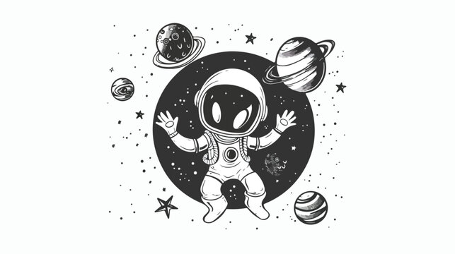Cute alien in spacesuit in hand drawn doodle style vector