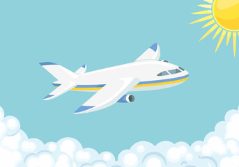 Airplane flying in the blue sky through the clouds. Vector cartoon flat illustration of aircraft. Travel and vacations concept.