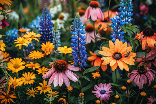 A thriving garden with colorful flowers, buzzing bees, and a peaceful atmosphere