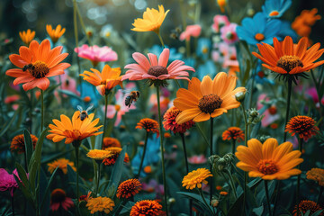 A thriving garden with colorful flowers, buzzing bees, and a peaceful atmosphere - obrazy, fototapety, plakaty