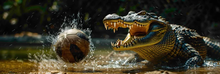 Poster a Crocodile playing with football beautiful animal photography like living creature © MUHAMMADINAAM