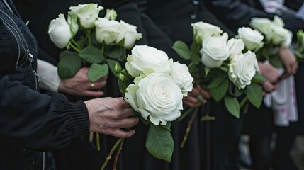 Closeup of people in black attire holding white rose flowers at a funeral ceremony, honoring loss and offering condolences