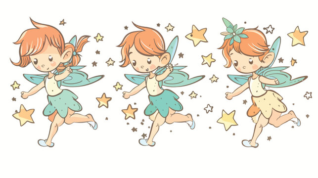 Cute cartoon little fairy running chasing the stars