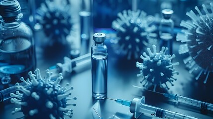 Top View of Virus Vaccine in Medicine Laboratory with Dark Blue Filter Concept - obrazy, fototapety, plakaty