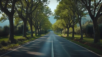 Fototapeta na wymiar Tranquil Countryside Road Flanked by Lush Foliage and Towering Trees