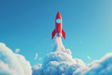 A white and red rocket is launching and flying in the blue sky with lots of white smoke, in the minimal style, AI Generated.