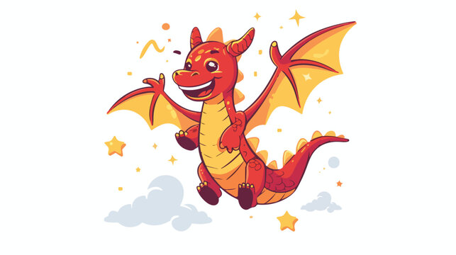 Cute dragon flying high five cartoon mascot flat illus
