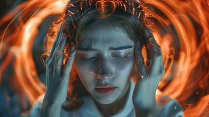Vertigo Illness Concept with Woman Experiencing Dizziness,Headache,and Sense of Spinning in Surreal,Psychedelic - obrazy, fototapety, plakaty