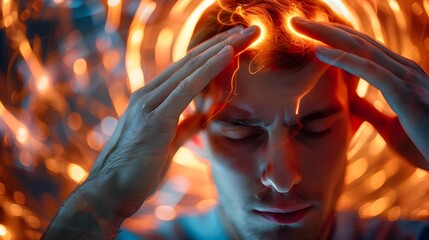 Vertigo Illness Concept with Man Experiencing Intense Headache and Dizziness Sensation,Inner Ear or Brain Problem Causing Sense of Spinning and - obrazy, fototapety, plakaty