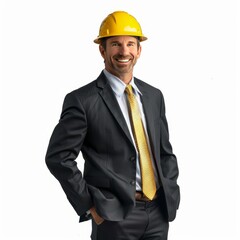 A construction company CEO in a durable, yet sharp outfit, representing strength and reliability. on a white background