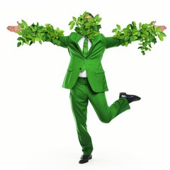 An environmental consultant in a green, eco-friendly suit, symbolizing a commitment to sustainability in business. on a white background