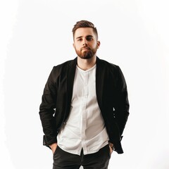 A tech startup founder in a minimalist, modern outfit, representing the new age of business leaders. on a white background