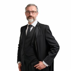 A seasoned lawyer in a traditional, imposing suit, commanding respect and authority. on a white background