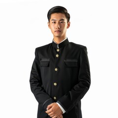 A hospitality manager in a welcoming, yet impeccably stylish uniform, embodying service excellence. on a white background