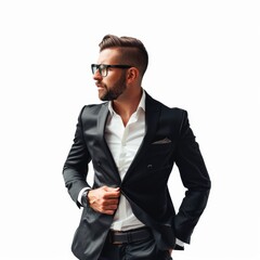 A retail executive in a fashion-forward suit, illustrating a keen understanding of consumer trends. on a white background