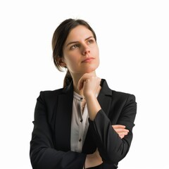 A corporate strategist in a sophisticated suit, her thoughtful gaze indicating complex problem-solving. on a white background