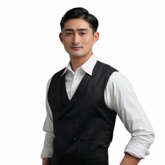 A hospitality manager in a welcoming, yet impeccably stylish uniform, embodying service excellence. on a white background 