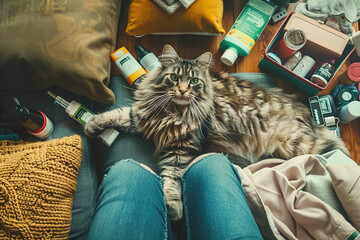 Cat lounges beside its owner, surrounded by pet care essentials, illustrating the heartwarming connection between pets and owners. - obrazy, fototapety, plakaty