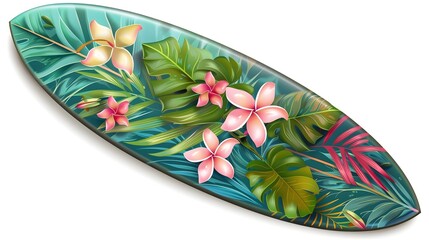 Vibrant Tropical Surfboard Design with Lush Floral and Leaf Patterns for a Beachside Vacation or Coastal Lifestyle