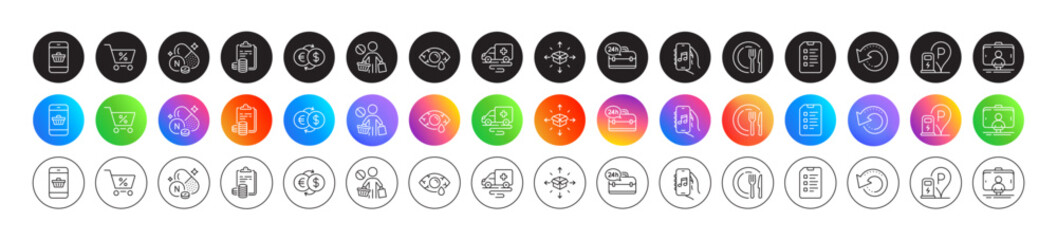 Checklist, Dish and Stop shopping line icons. Round icon gradient buttons. Pack of Ambulance transport, Vitamin n, Recovery data icon. Vector