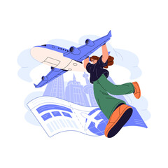 Airplane journey concept. People travel by plane. Traveller with ticket, boarding pass in international flight. Passenger flies on aircraft. Flat isolated vector illustration on white background