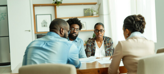 A young couple sits at a table, discussing insurance options with a financial advisor, showcasing planning and security for the futureл