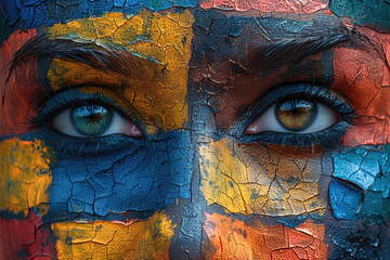 Vibrant face painted in bold cubist style - obrazy, fototapety, plakaty