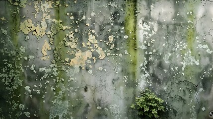 Weathered and Overgrown Textured Wall Surface Showcasing Moss,Lichen,and Mold Growth