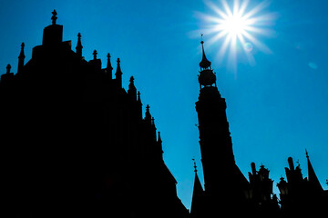 Wroclaw, Poland -  Silhouette of downtown with sunshining from above 