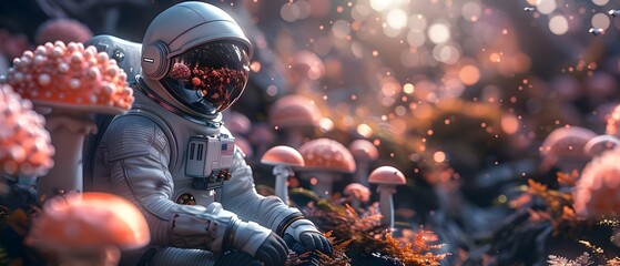 An astronaut in a psychedelic mushroom forest with large neon mushrooms. Concept Fantasy Art, Psychedelic, Astronaut, Mushroom Forest, Neon Colors