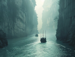 Canyon and classic sailing ship in the mist - obrazy, fototapety, plakaty