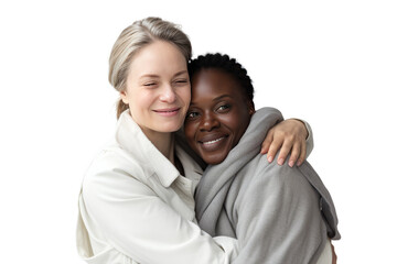 Women and non-binary people hugging each other. Warm, loving and accepting atmosphere. Isolated on transparent background.