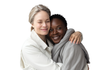 Women and non-binary people hugging each other. Warm, loving and accepting atmosphere. Isolated on transparent background.