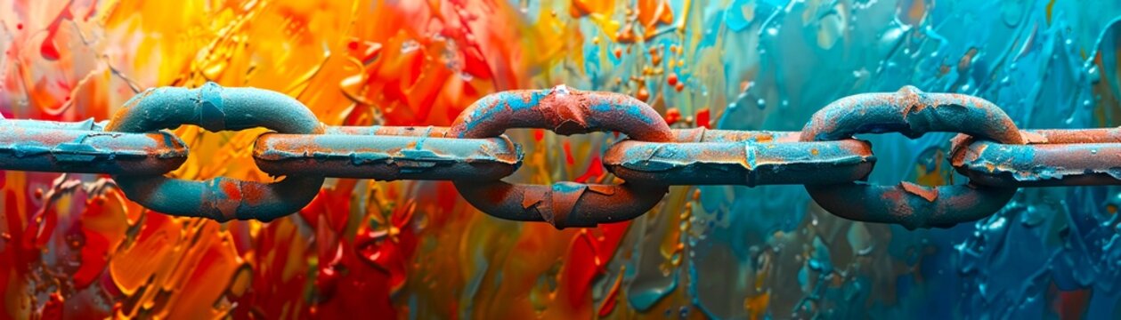 Close-up of rusting chain links covered in vibrant, abstract paint, symbolizing strength and decay amidst colorful chaos.